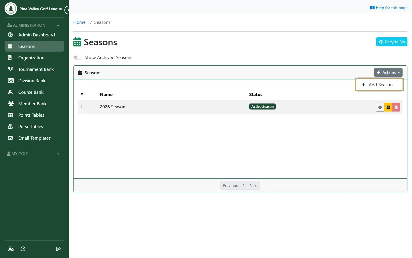 The Seasons list with the Actions menu open and Add Season highlighted