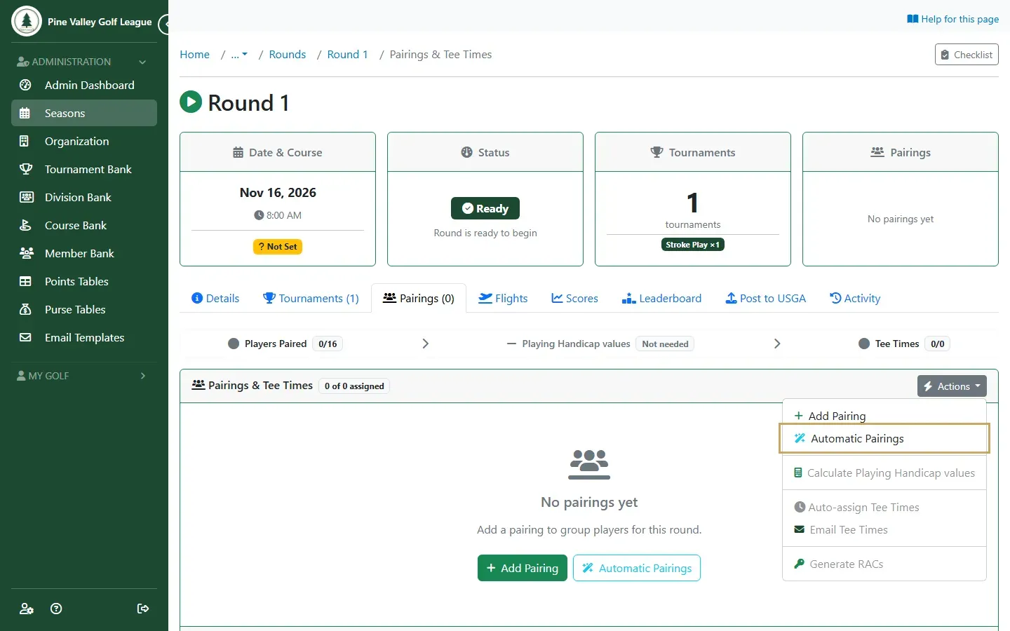 The round’s Pairings tab with the Actions menu open and Automatic Pairings highlighted