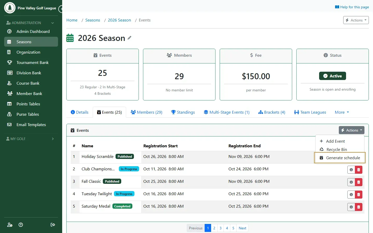 The Events card’s Actions menu with Generate schedule highlighted