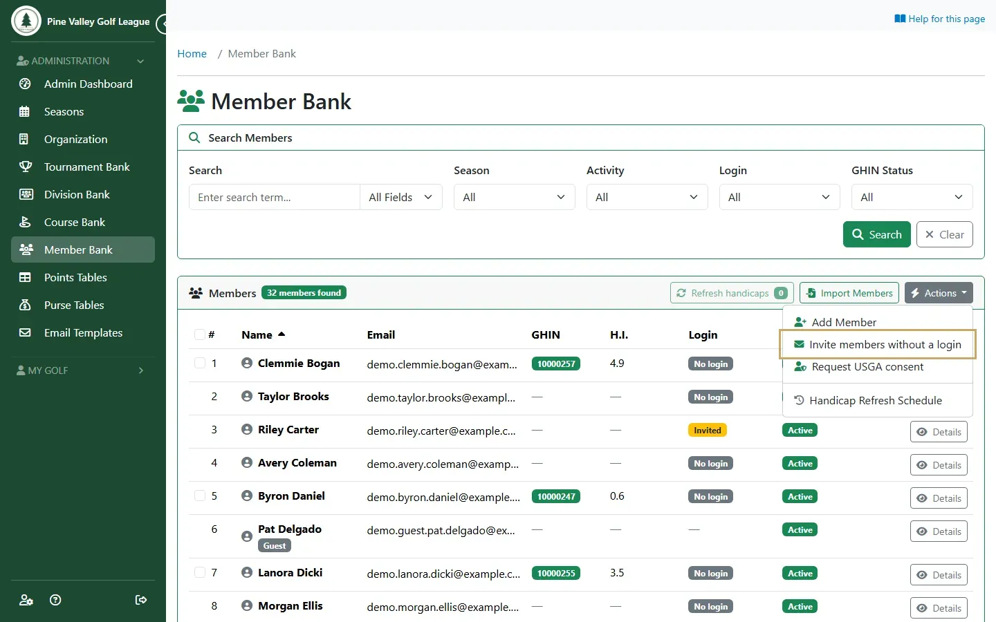 The Member Bank’s Actions menu with Invite members without a login highlighted