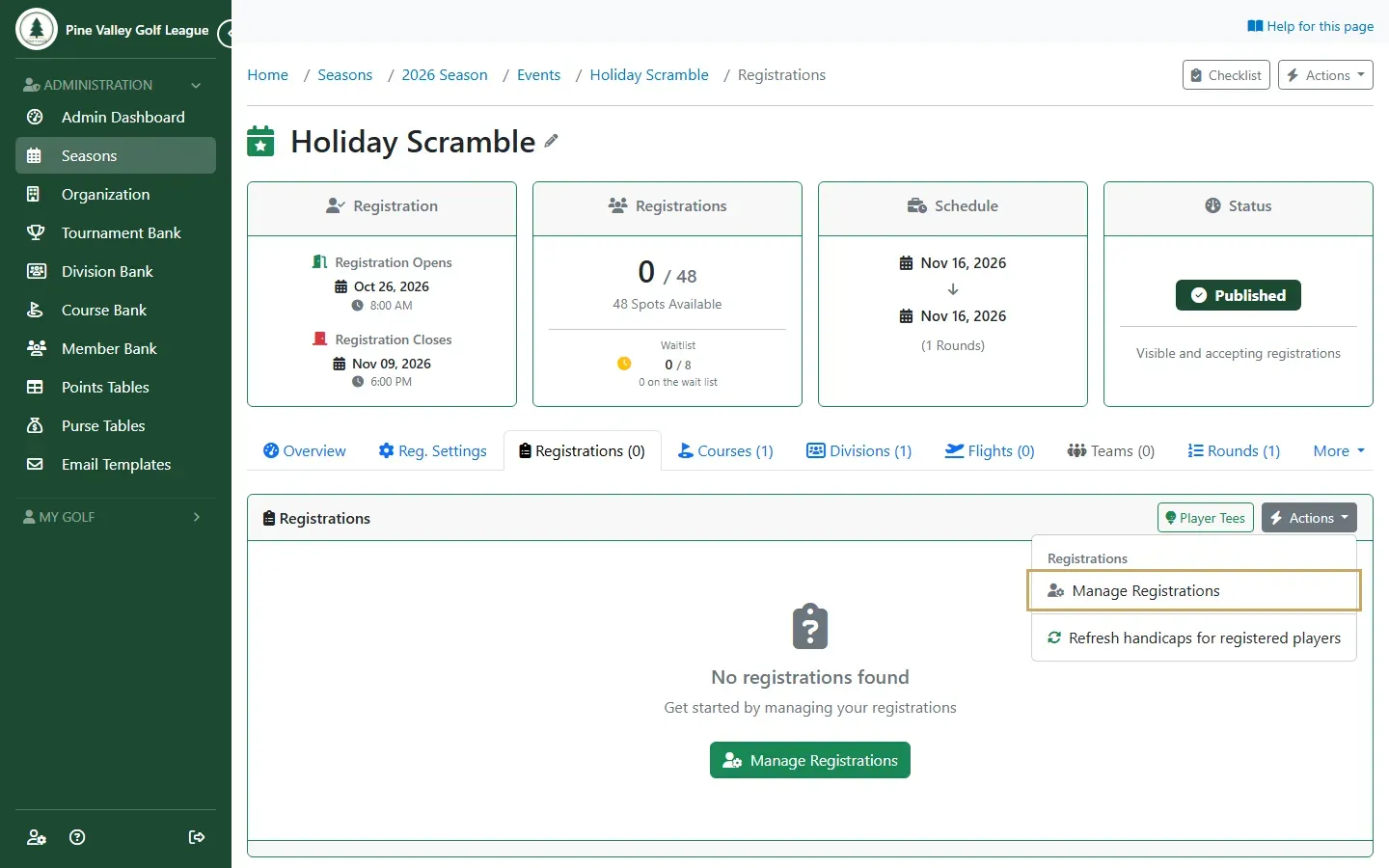 The Registrations tab with the Actions menu open and Manage Registrations highlighted