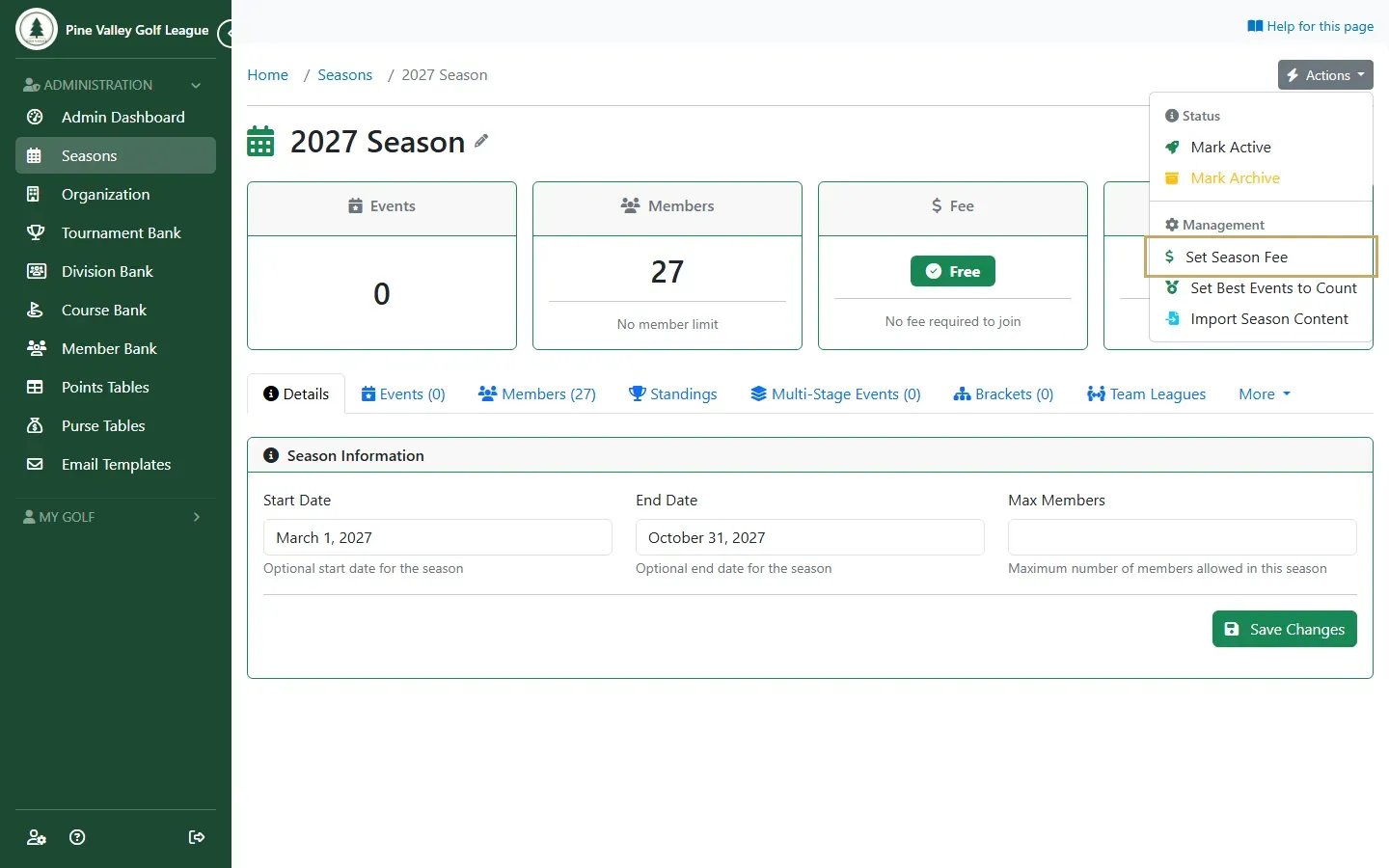 The season’s Actions menu with Set Season Fee highlighted