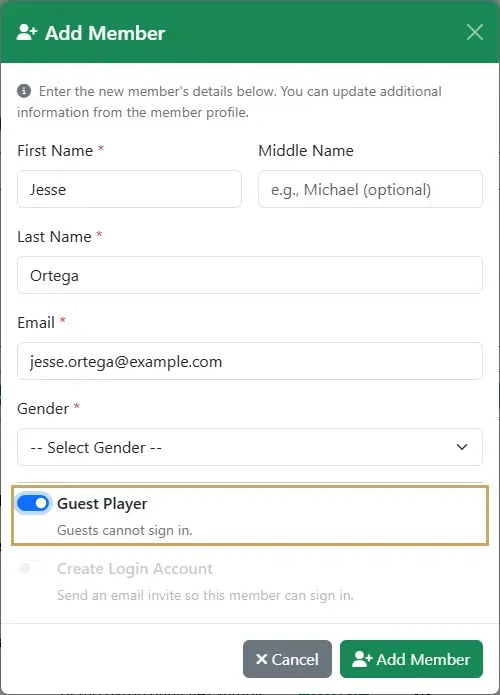 The Add Member dialog with Guest Player turned on