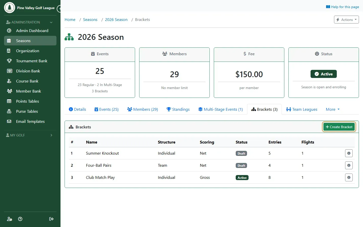 The season’s Brackets tab with Create Bracket highlighted