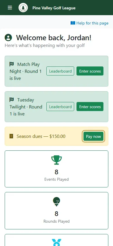 My Dashboard on a phone with the Season dues card and Pay now highlighted
