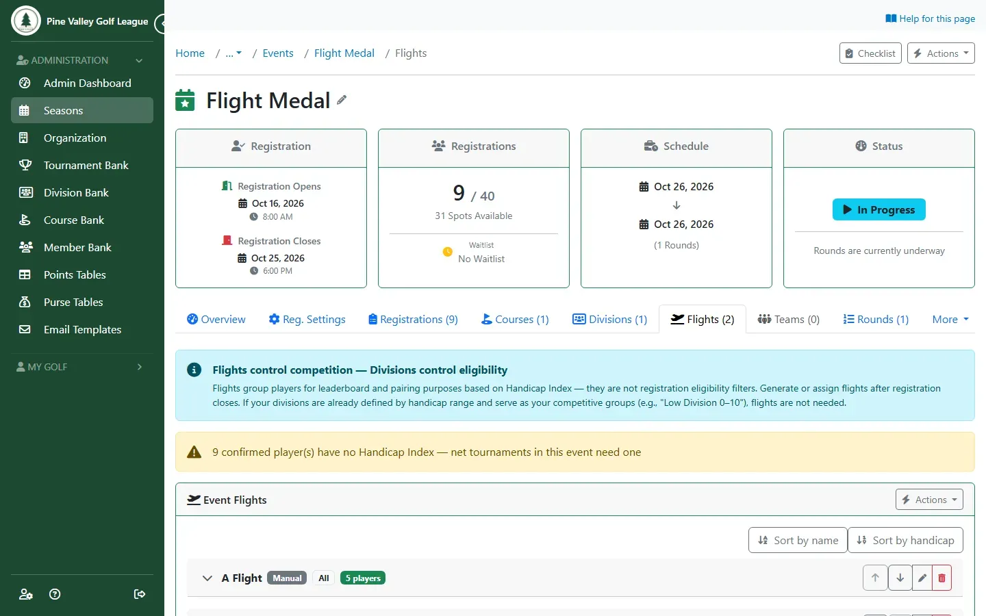 The event’s Flights tab with A Flight and B Flight