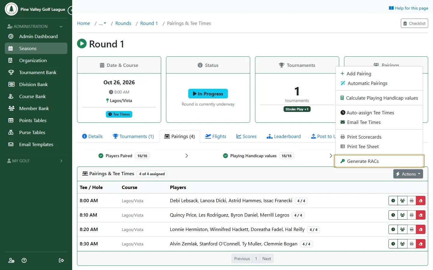The round’s Pairings tab with the Actions menu open and Generate RACs highlighted