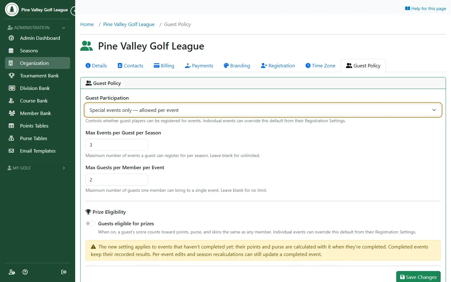 The Guest Policy tab with Special events only chosen