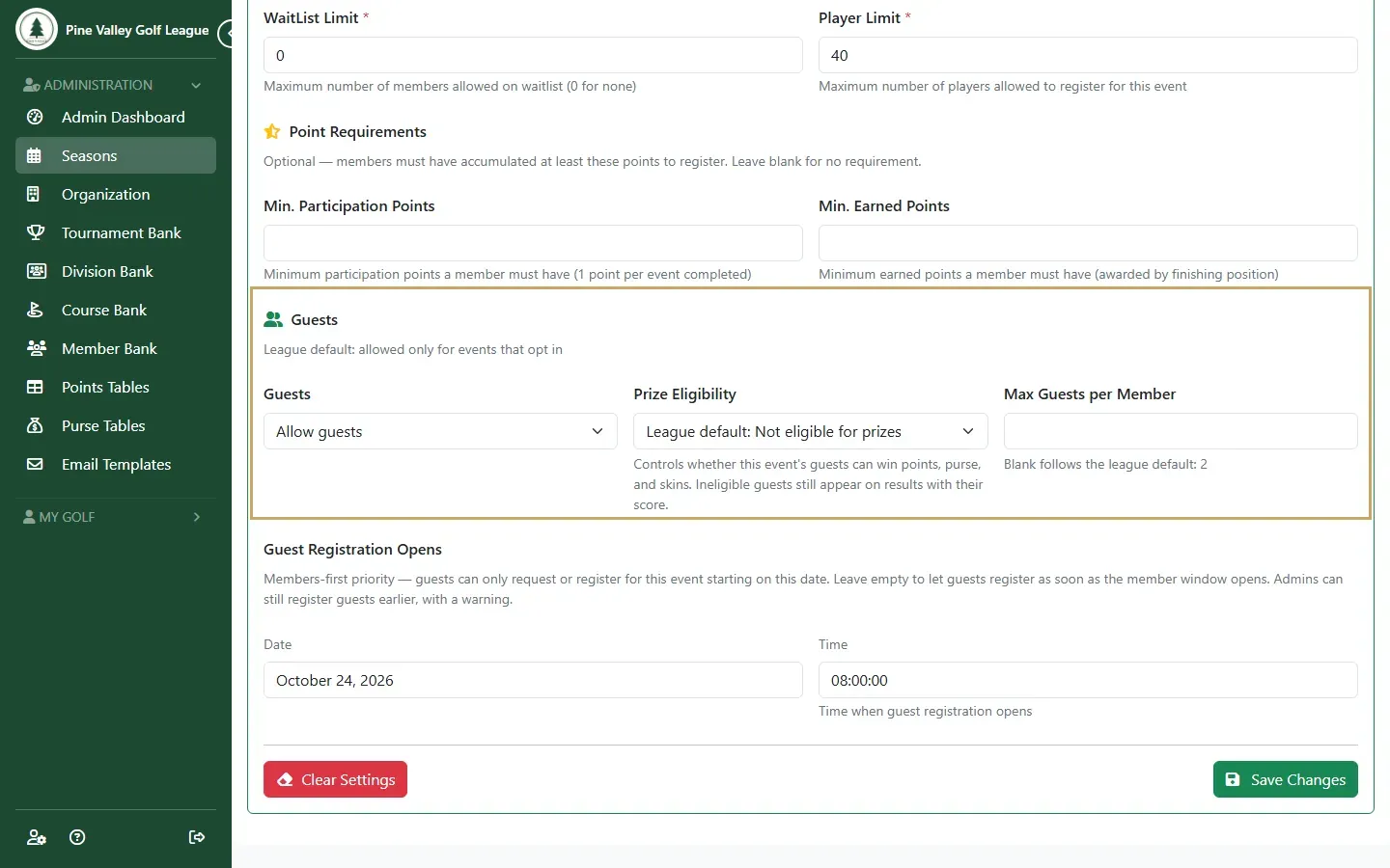 The Guests section of Registration Settings with Allow guests chosen