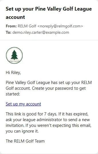 The invitation email: Set up your Pine Valley Golf League account, with a Set up my account link