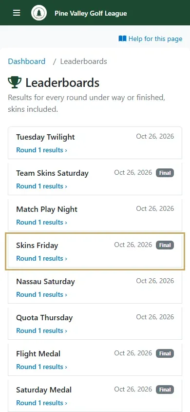 Leaderboards: each event with its round results links