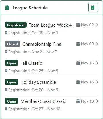 The League Schedule card showing Fall Classic as Open with its registration dates