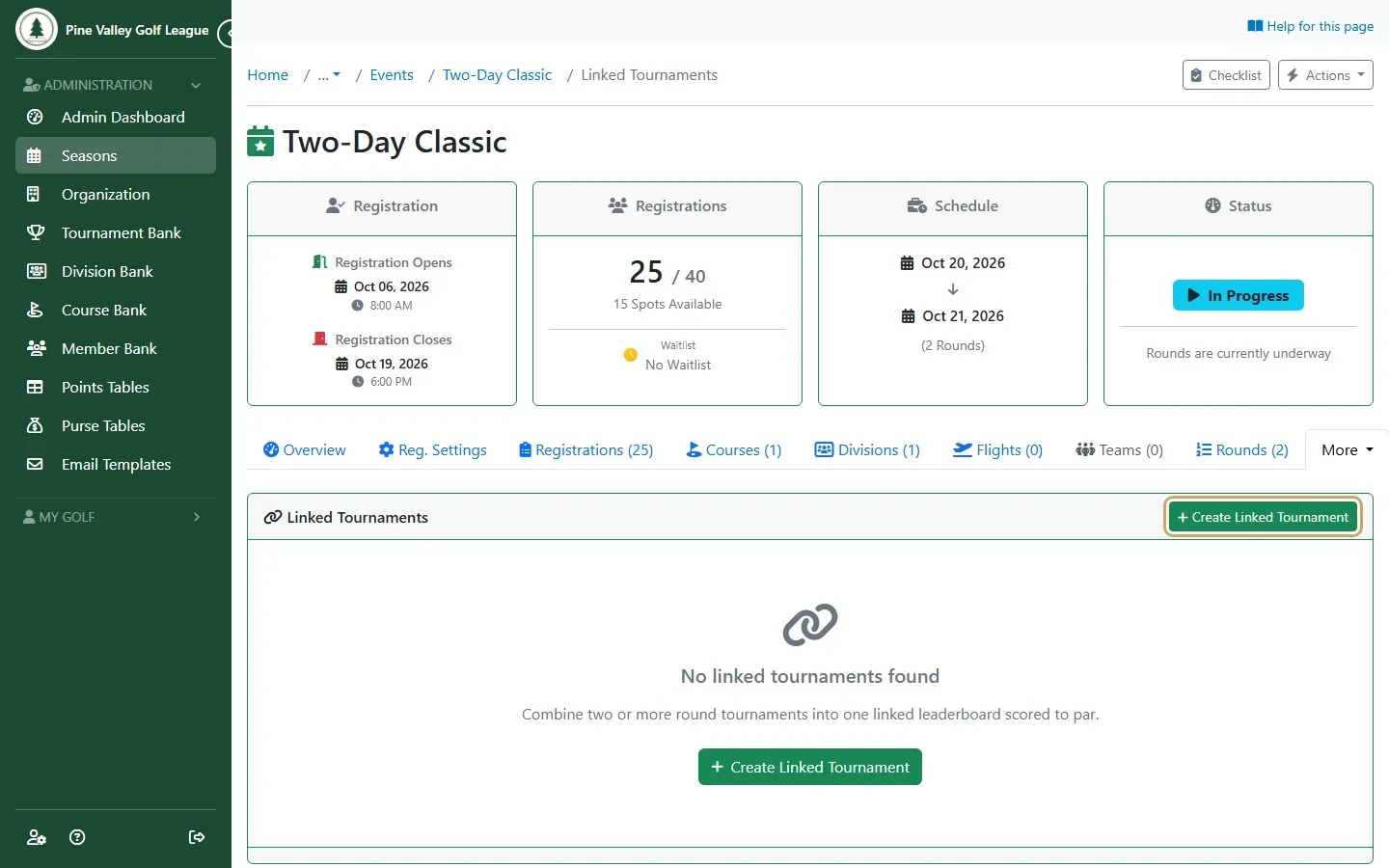 The event’s Linked tab with Create Linked Tournament highlighted