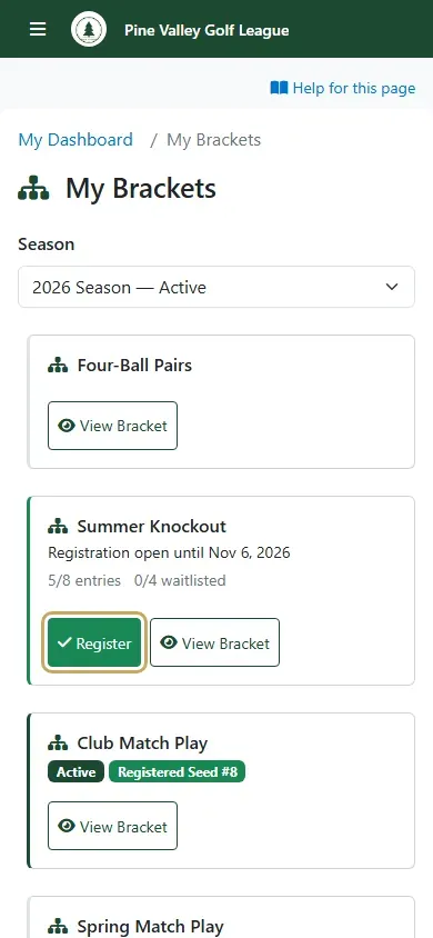 My Brackets on a phone: Summer Knockout open until its closing date, with Register highlighted