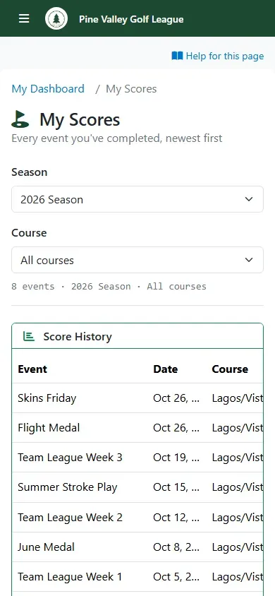 My Scores on a phone: three completed events with their dates and course, the rest of the columns a swipe away