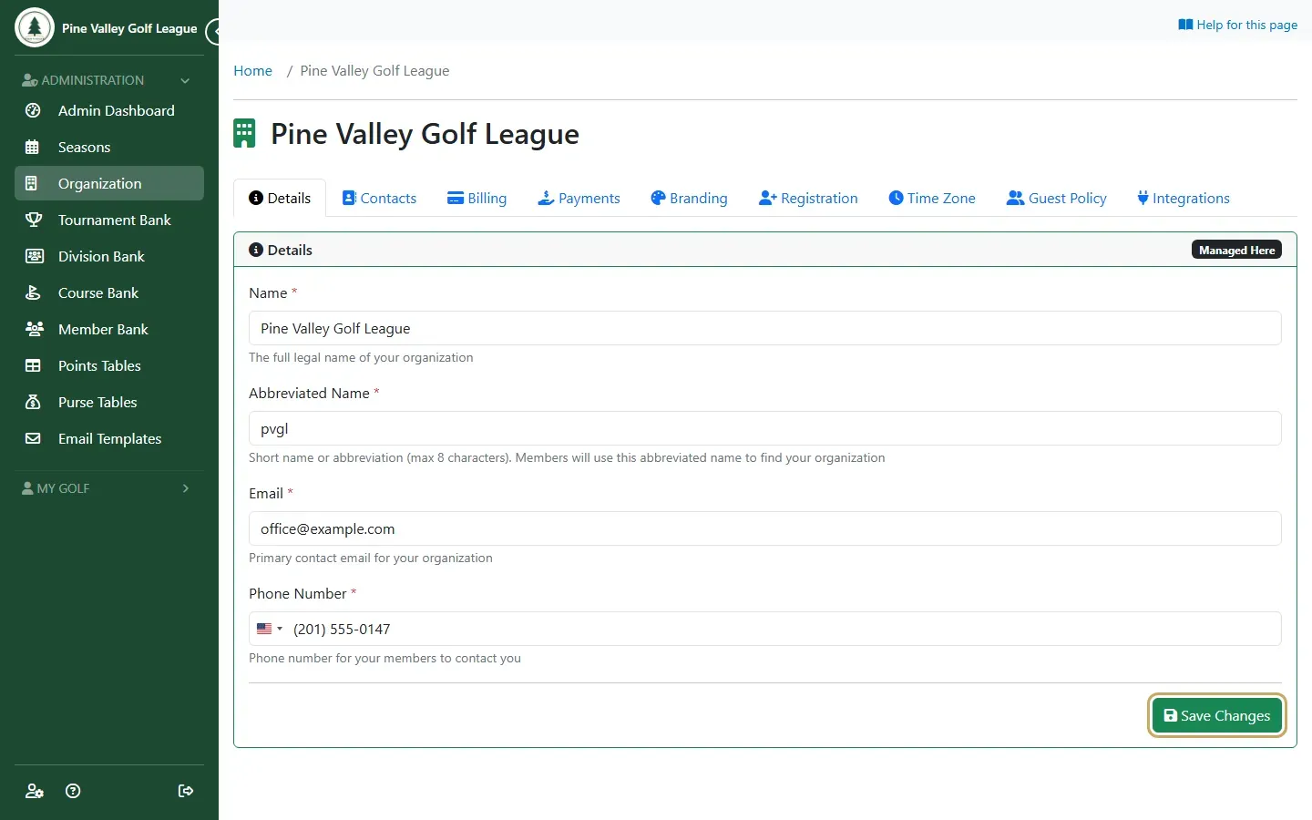 The Organization Details tab with the league’s name, abbreviated name, email and phone number filled in, and Save Changes highlighted