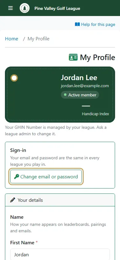 My Profile on a phone with the Sign-in card and Change email or password highlighted