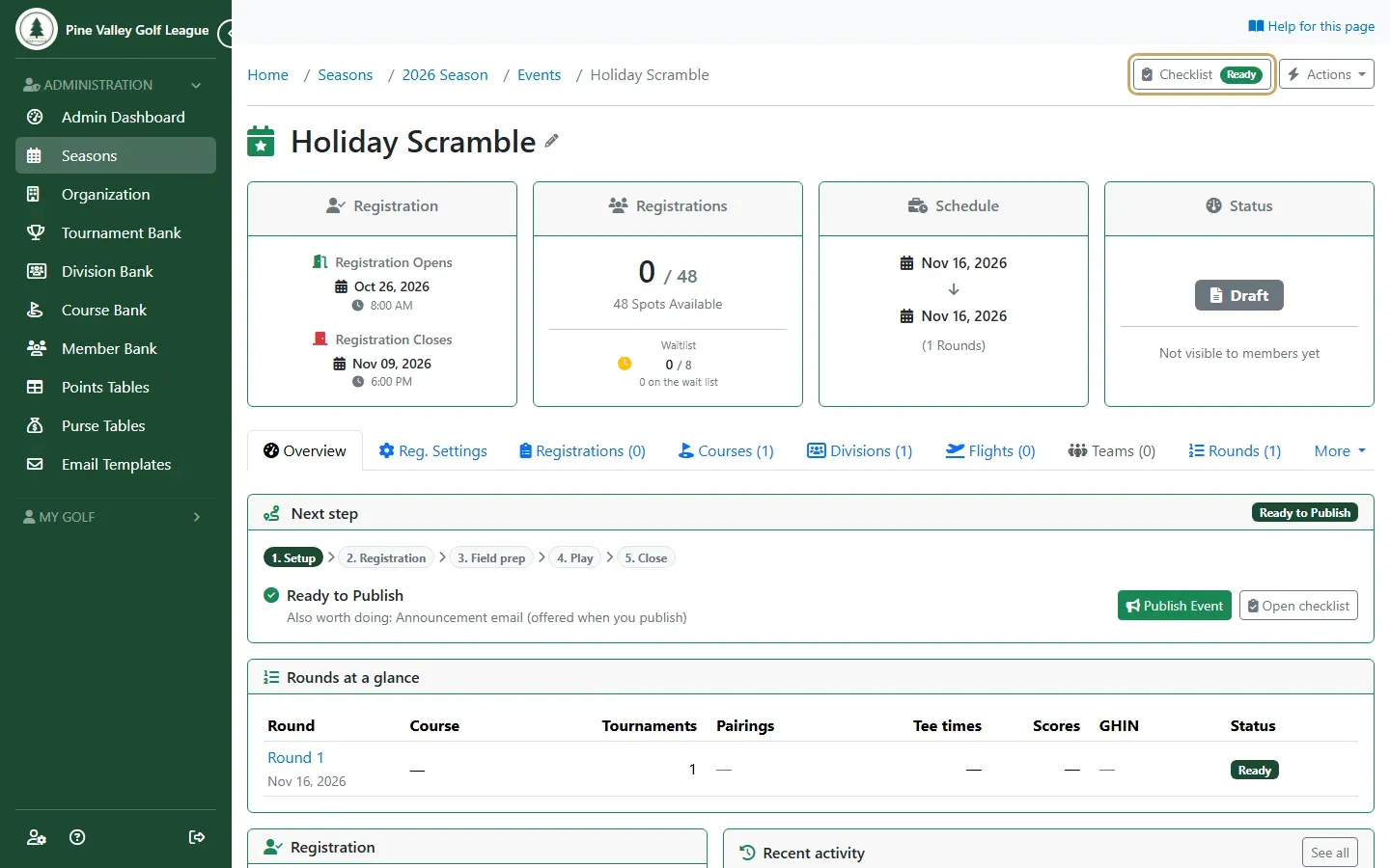 The event overview with the Checklist button highlighted