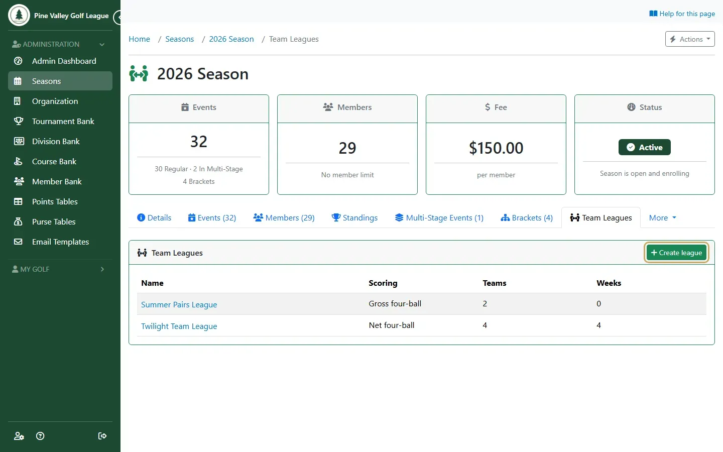 The season’s Team Leagues tab with Create league highlighted