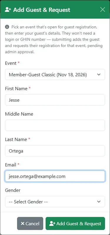 The Add Guest & Request dialog with an event and the guest’s details filled in