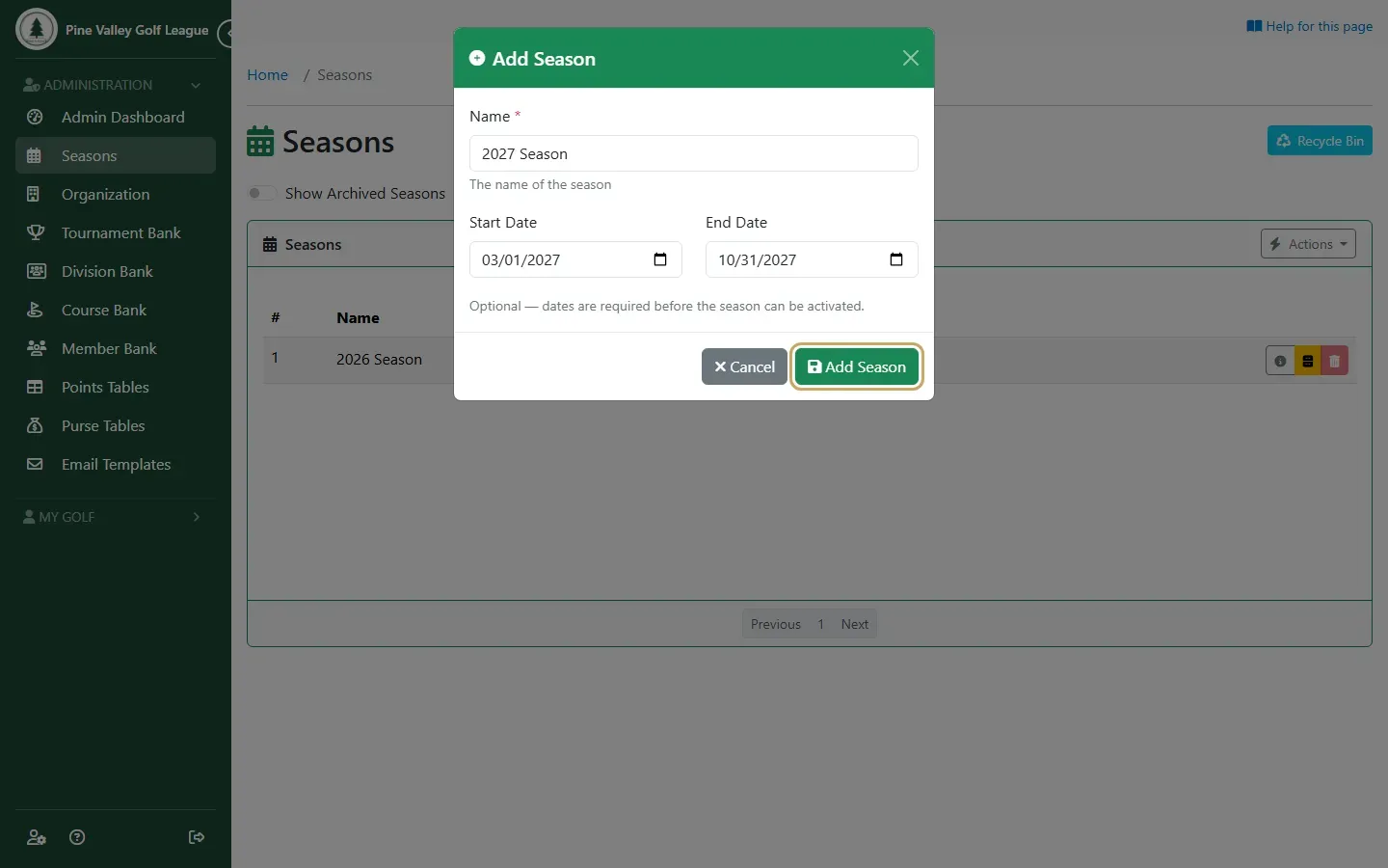 The Add Season dialog with a name, a start date and an end date
