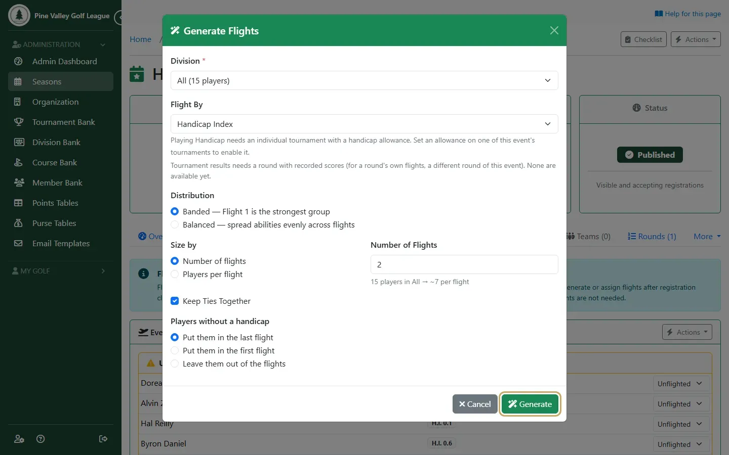 The Generate Flights dialog set to Handicap Index, Banded, two flights, with Generate highlighted