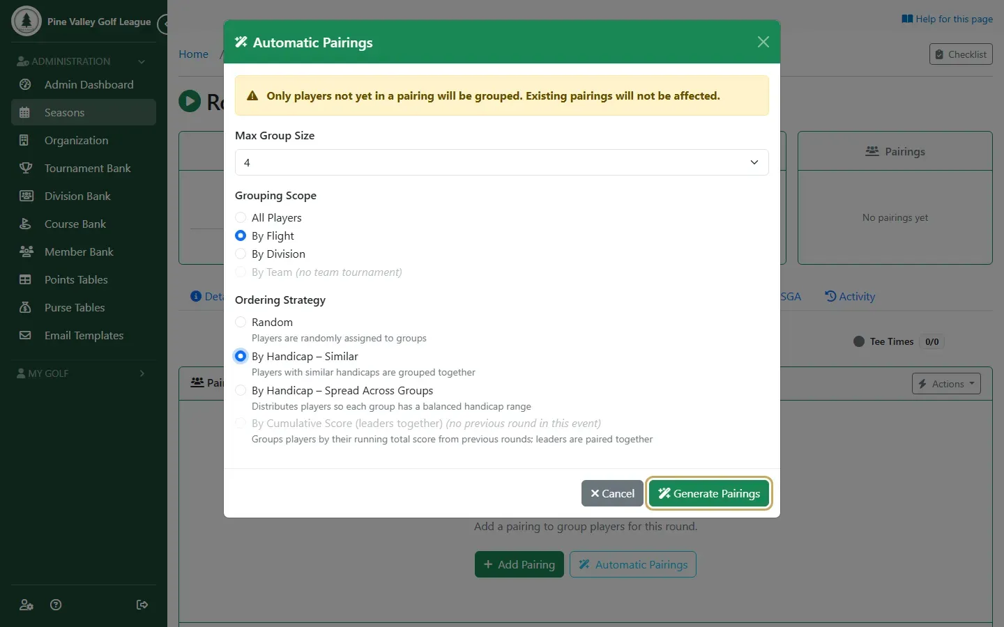 The Automatic Pairings dialog set to groups of four, By Flight and By Handicap – Similar, with Generate Pairings highlighted