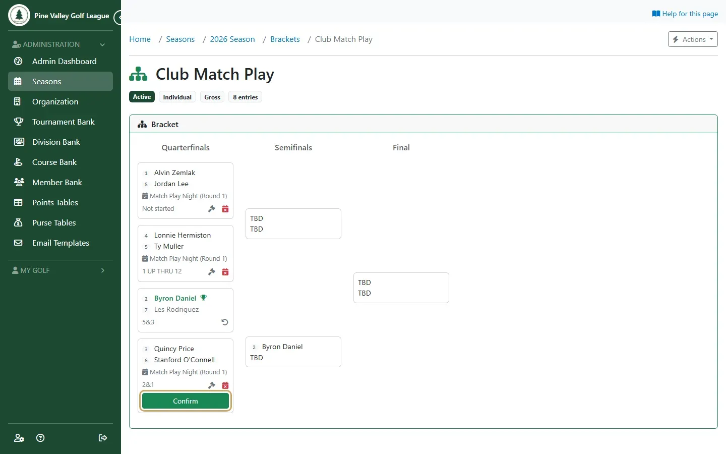 A finished quarterfinal with Confirm highlighted