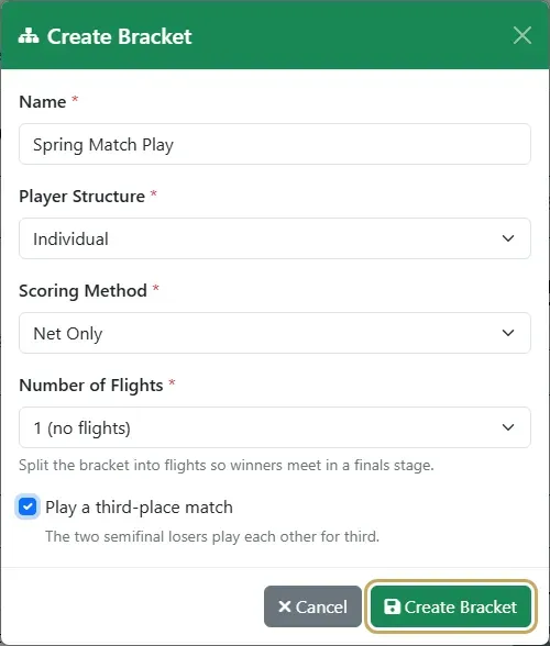 The Create Bracket dialog: Spring Match Play, Individual, Net Only, one flight, third-place match ticked