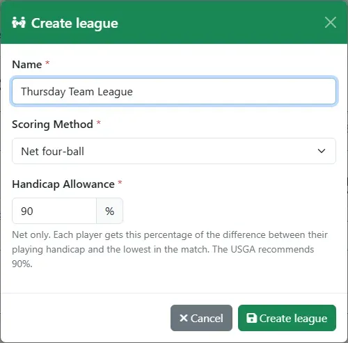 The Create league dialog