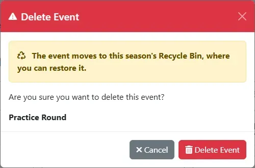 The Delete Event dialog saying the event moves to this season’s Recycle Bin