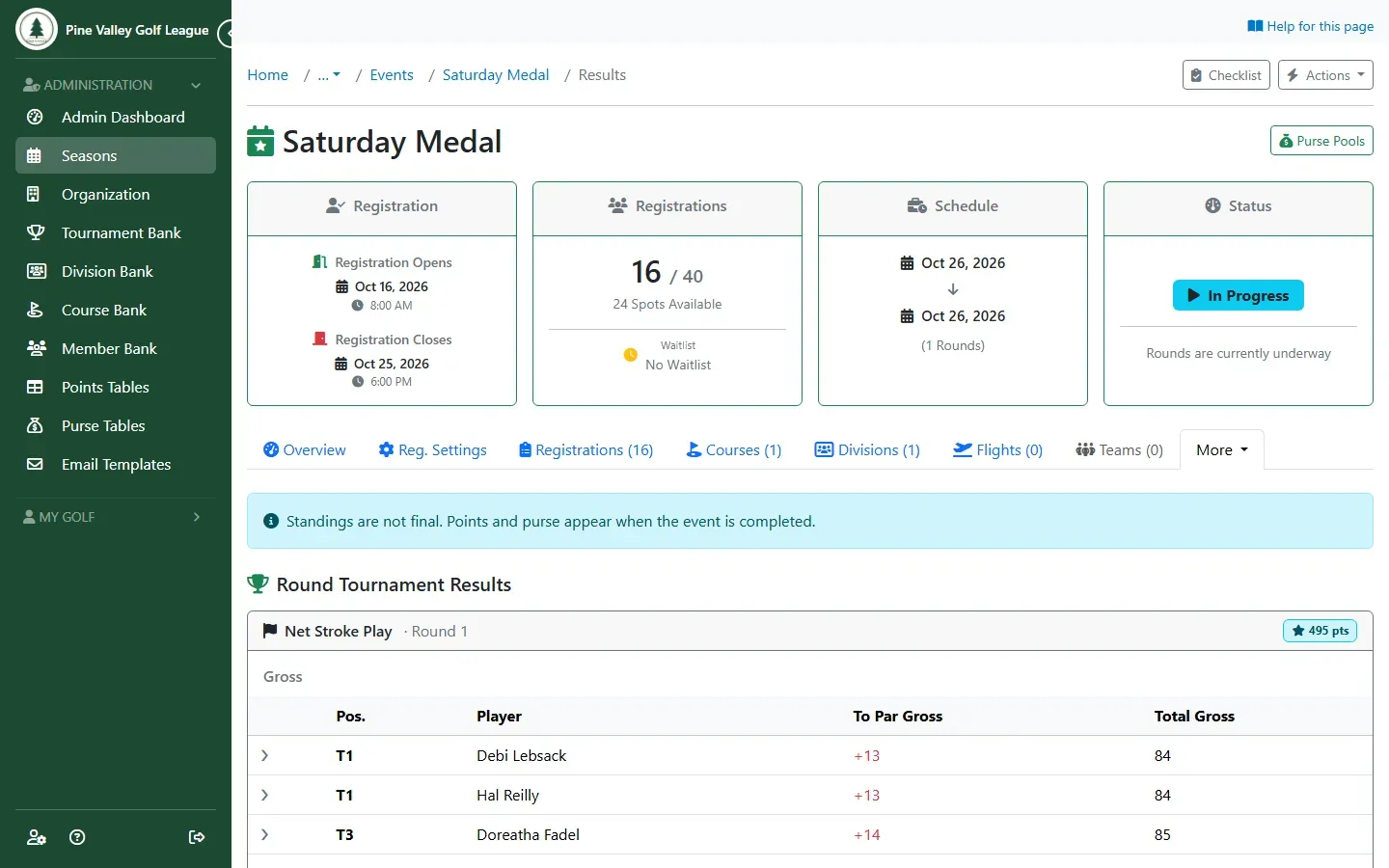 The event’s Results page during play: positions and totals, with the note that standings aren’t final yet