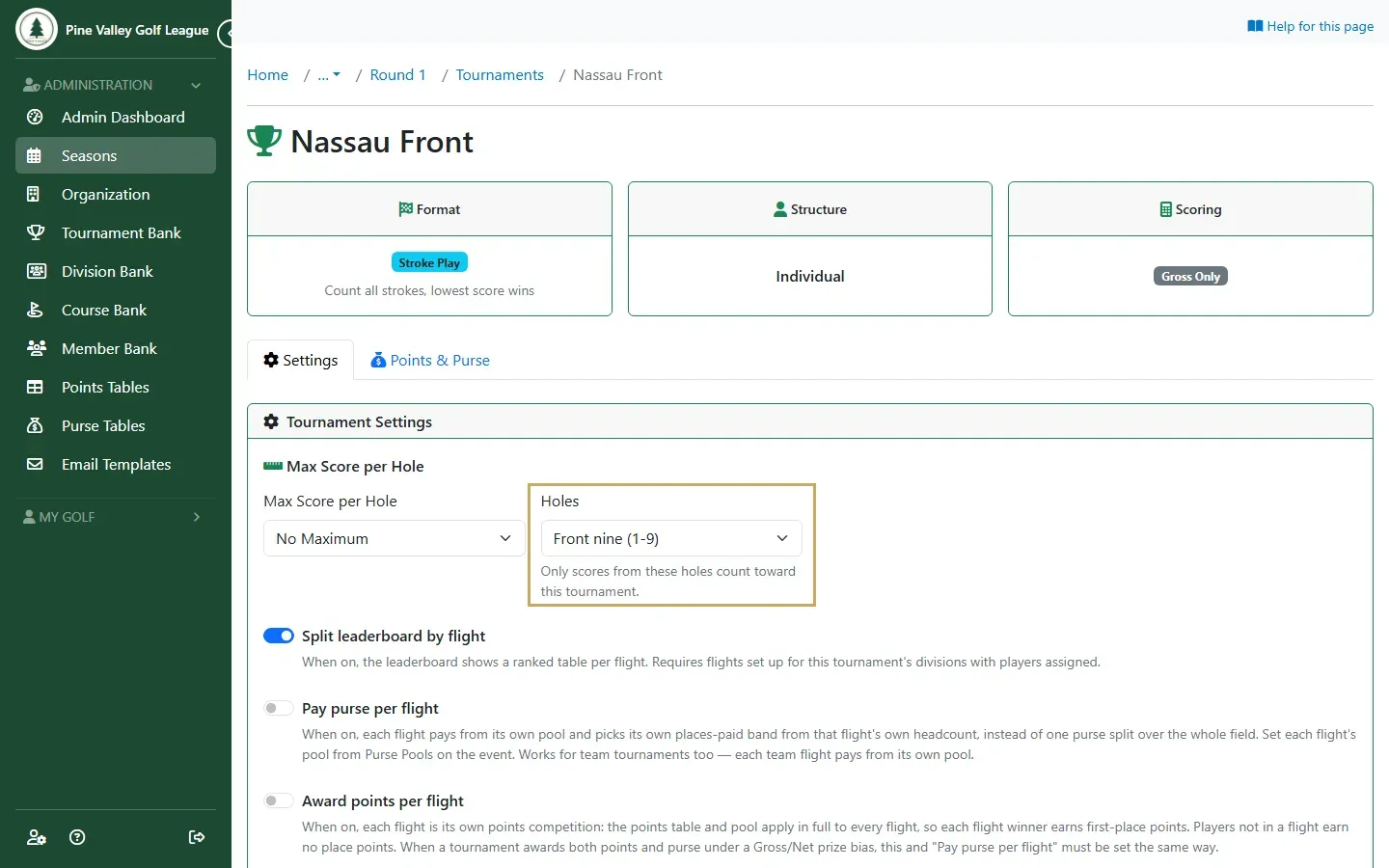 Nassau Front’s settings with Holes set to the front nine