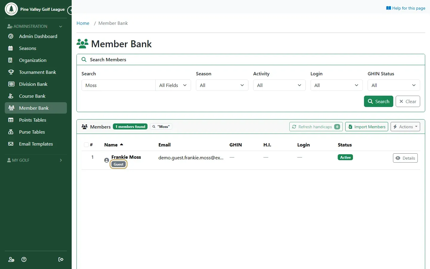The Member Bank list with Frankie Moss marked Guest
