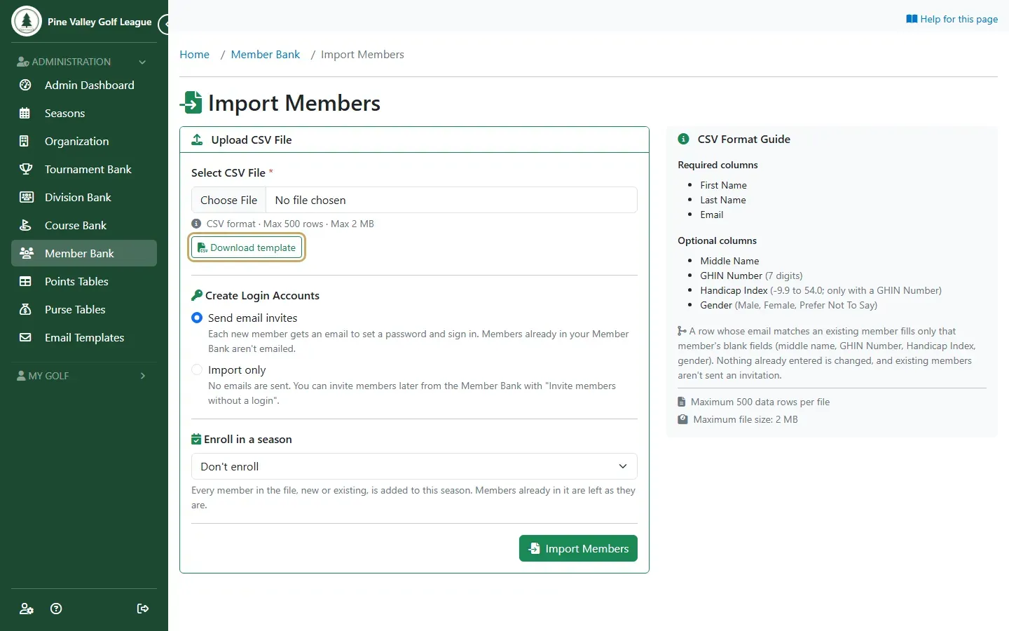 The Import Members page with Download template highlighted, the invitation choices and the CSV format guide