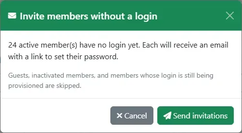 The Invite members without a login dialog saying how many members will receive an email