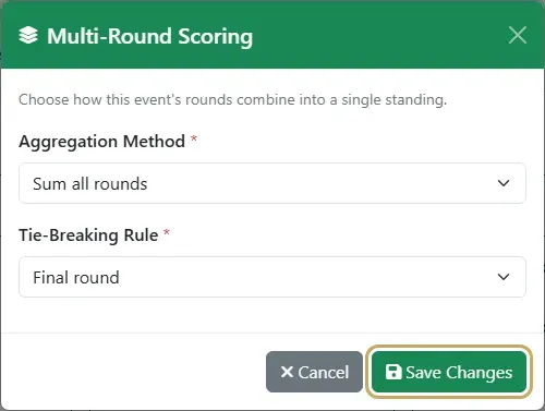 The Multi-Round Scoring dialog with Sum all rounds and Final round chosen