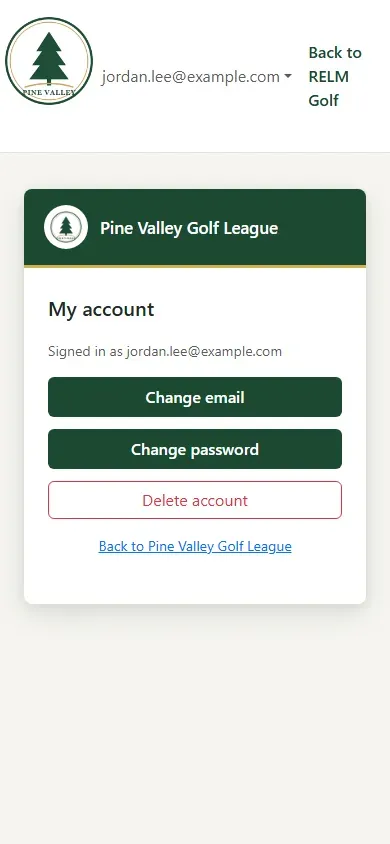 The My account page: Signed in as, with Change email, Change password and Delete account