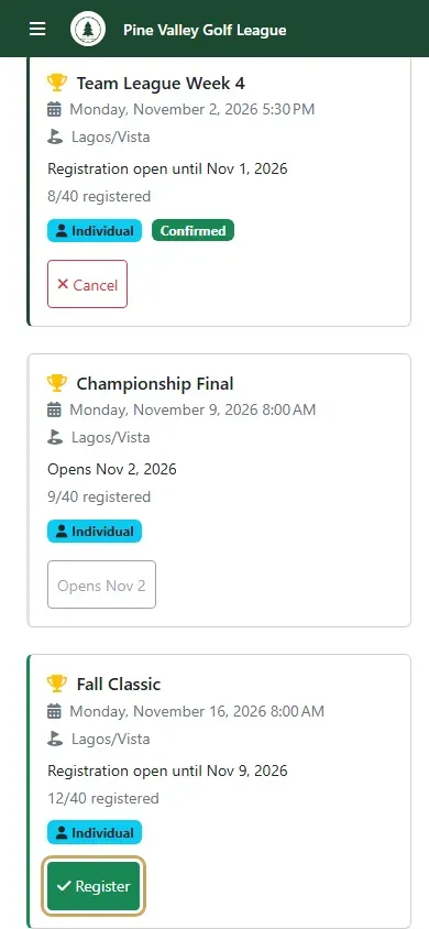 My Events on a phone, showing Fall Classic with 12 of 40 places taken and the Register button highlighted