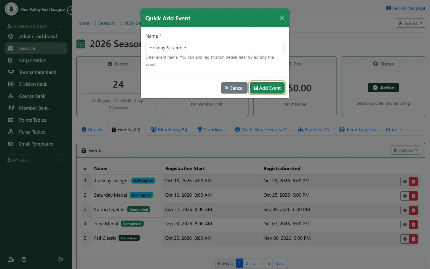 The Quick Add Event dialog with the name Holiday Scramble typed in