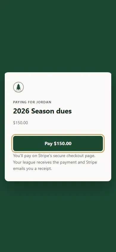 The pay page: Paying for Jordan, 2026 Season dues, $150.00, with the Pay button highlighted