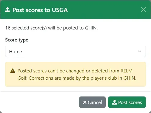 The Post scores to USGA dialog with the number of scores, the Score type and the warning that posted scores can’t be changed from RELM Golf