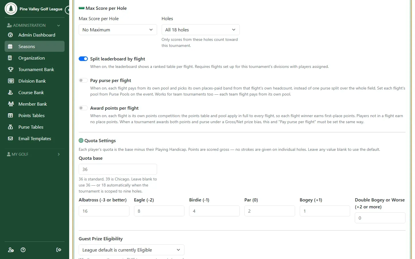The Quota Settings: the quota base and the points for each score