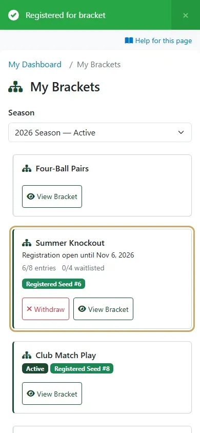 Summer Knockout showing Registered and your seed, with Withdraw