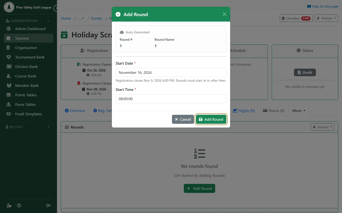 The Add Round dialog with a start date and time filled in