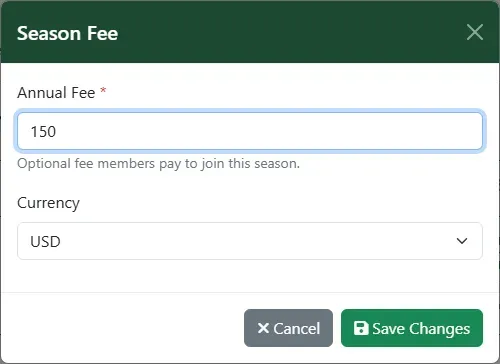 The Season Fee dialog with an annual fee of 150 in USD