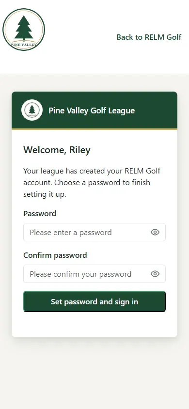 The Set up your account page: Welcome, Riley, with Password and Confirm password fields