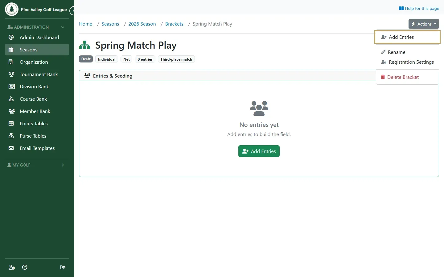 The Actions menu with Add Entries highlighted