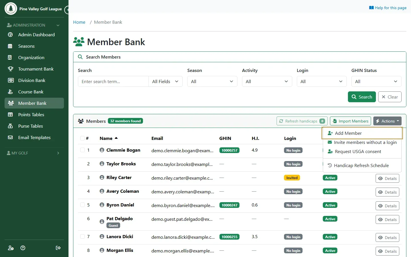 The Member Bank’s Actions menu with Add Member highlighted