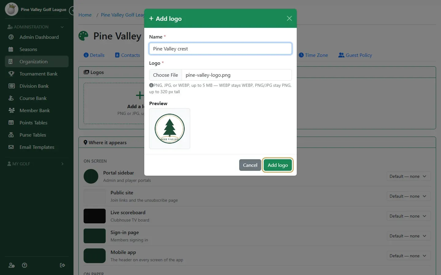 The Add logo dialog with a name, the chosen file and a preview of the league crest